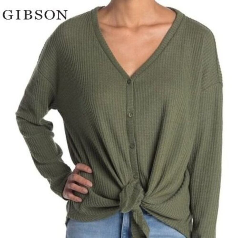 GIBSON Women's Thermal Waffle Knit Tie‎ Front Button Down Top NWT